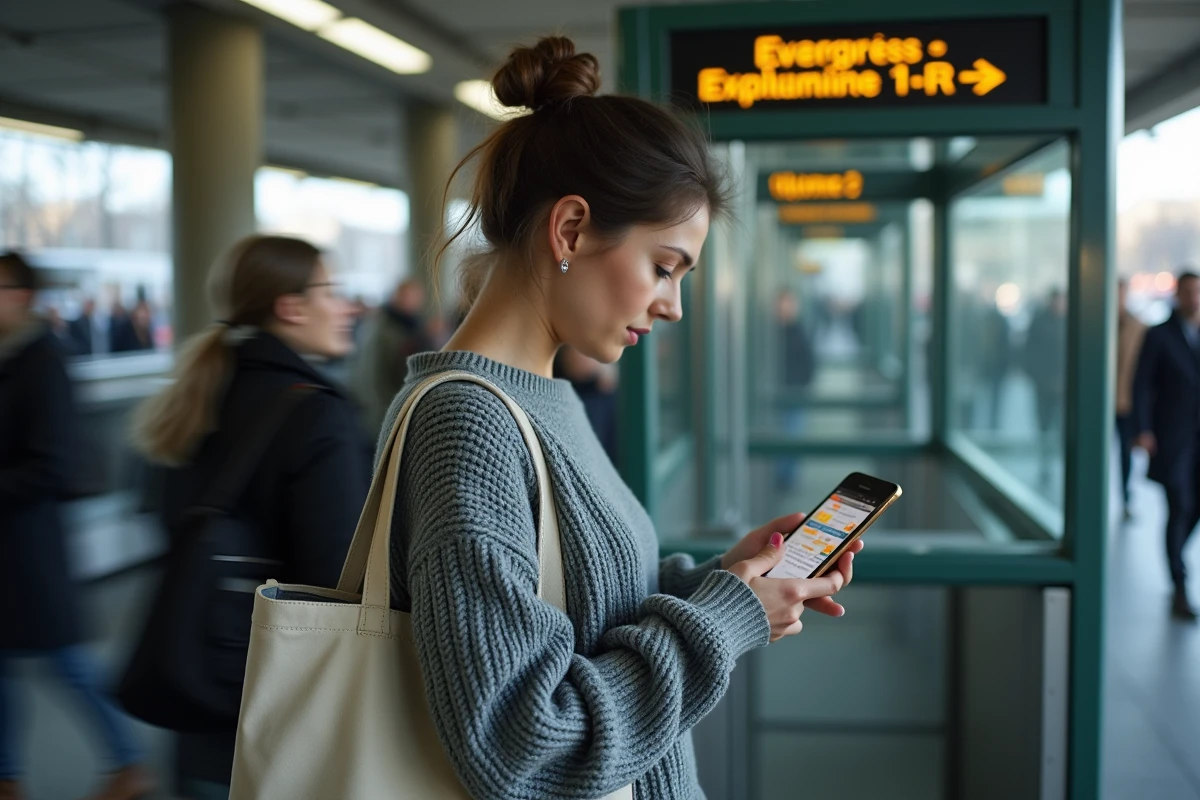 Jeune femme vérifiant les perturbations RER sur son téléphone à la sortie d'une station en Île-de-France