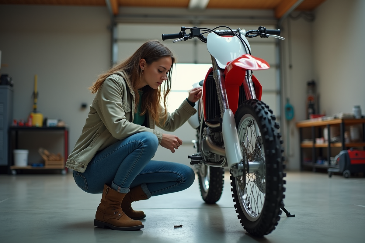 Jeune femme examinant une moto en garage intérieur