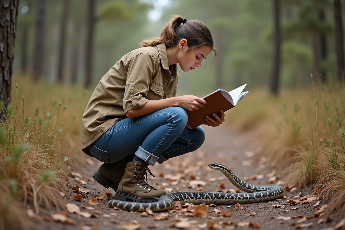 Jeune femme en bush avec un serpent australien