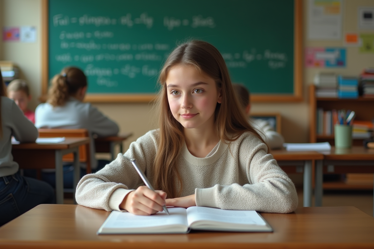 Jeune fille en classe prenant des notes avec concentration