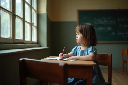 Jeune fille contemplant la fenêtre d'une classe ancienne
