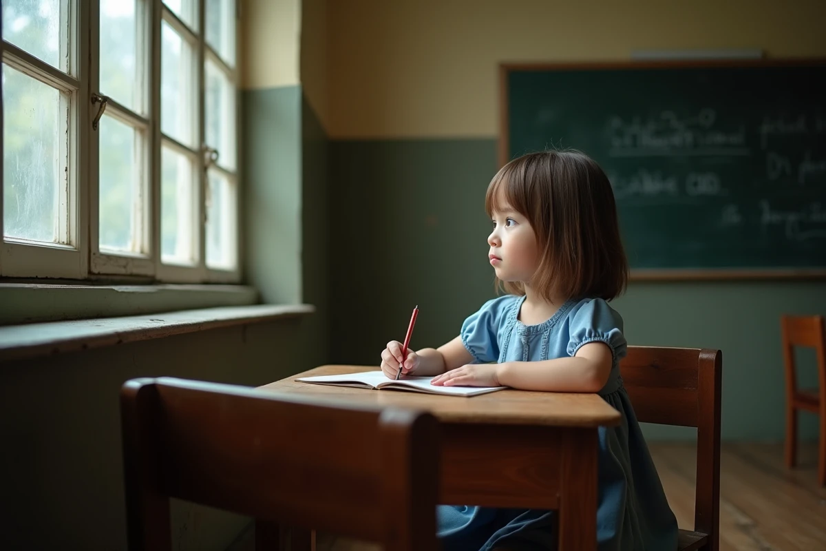 Jeune fille contemplant la fenêtre d'une classe ancienne