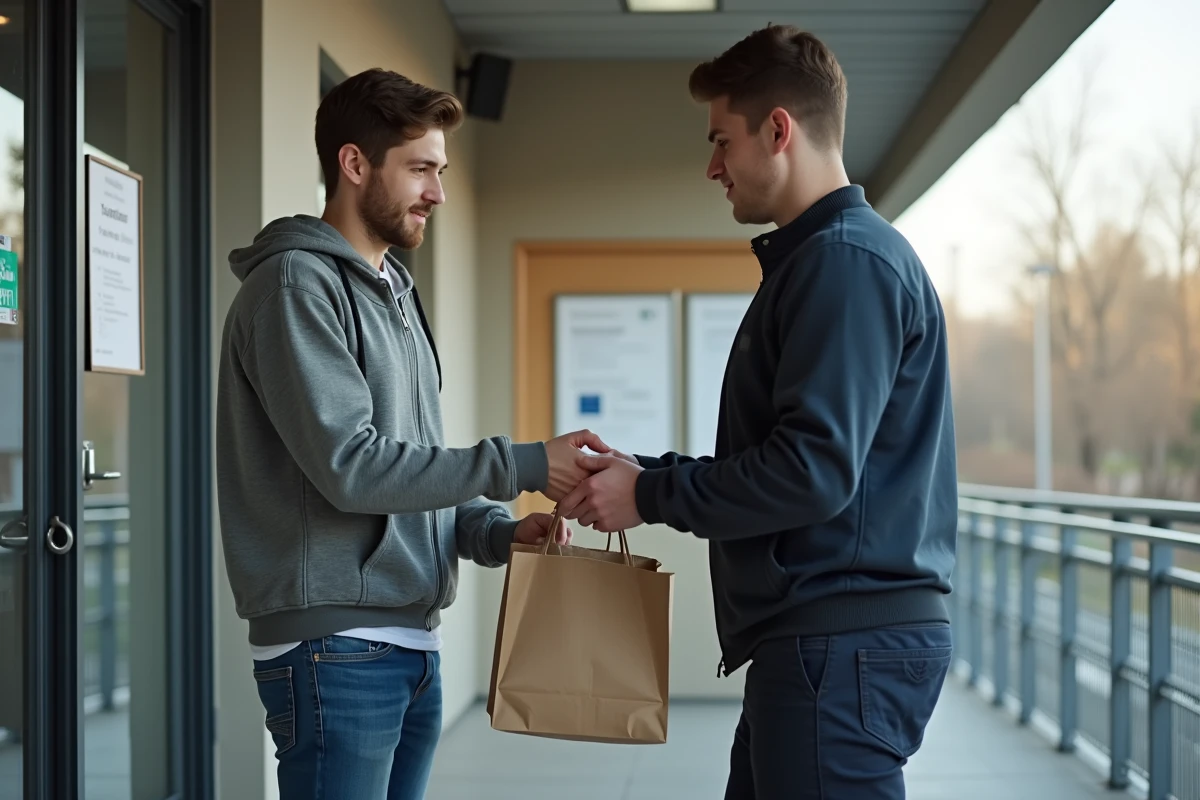 Jeune homme remettant un sac à un agent à l