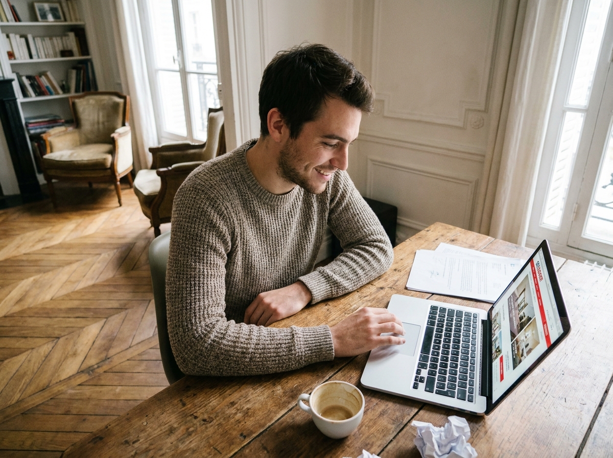 Jeune homme casual utilisant un ordinateur dans un appartement parisien