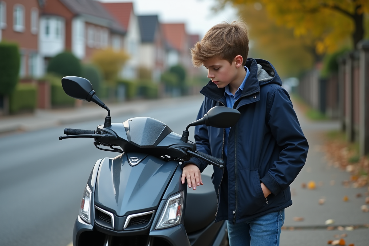 Adolescent inspectant un scooter 50cc dans un quartier résidentiel
