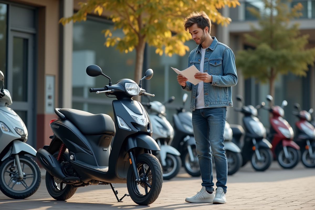 Jeune homme compare brochures avec sa moto 125cc