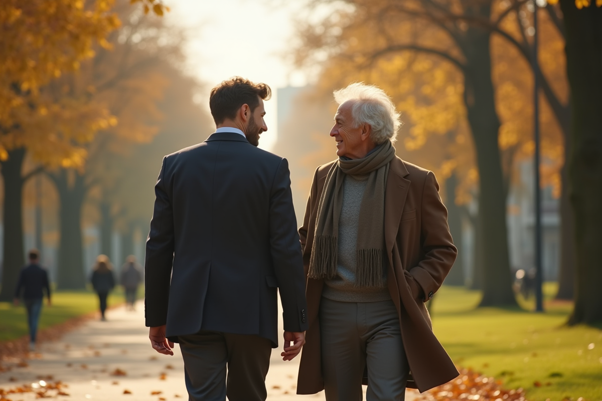 Jeune homme et son beau-père dans un parc ensoleille