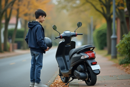 Adolescent souriant avec scooter dans un quartier calme