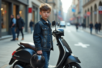 Jeune garçon avec scooter en ville moderne