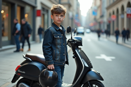 Jeune garçon avec scooter en ville moderne