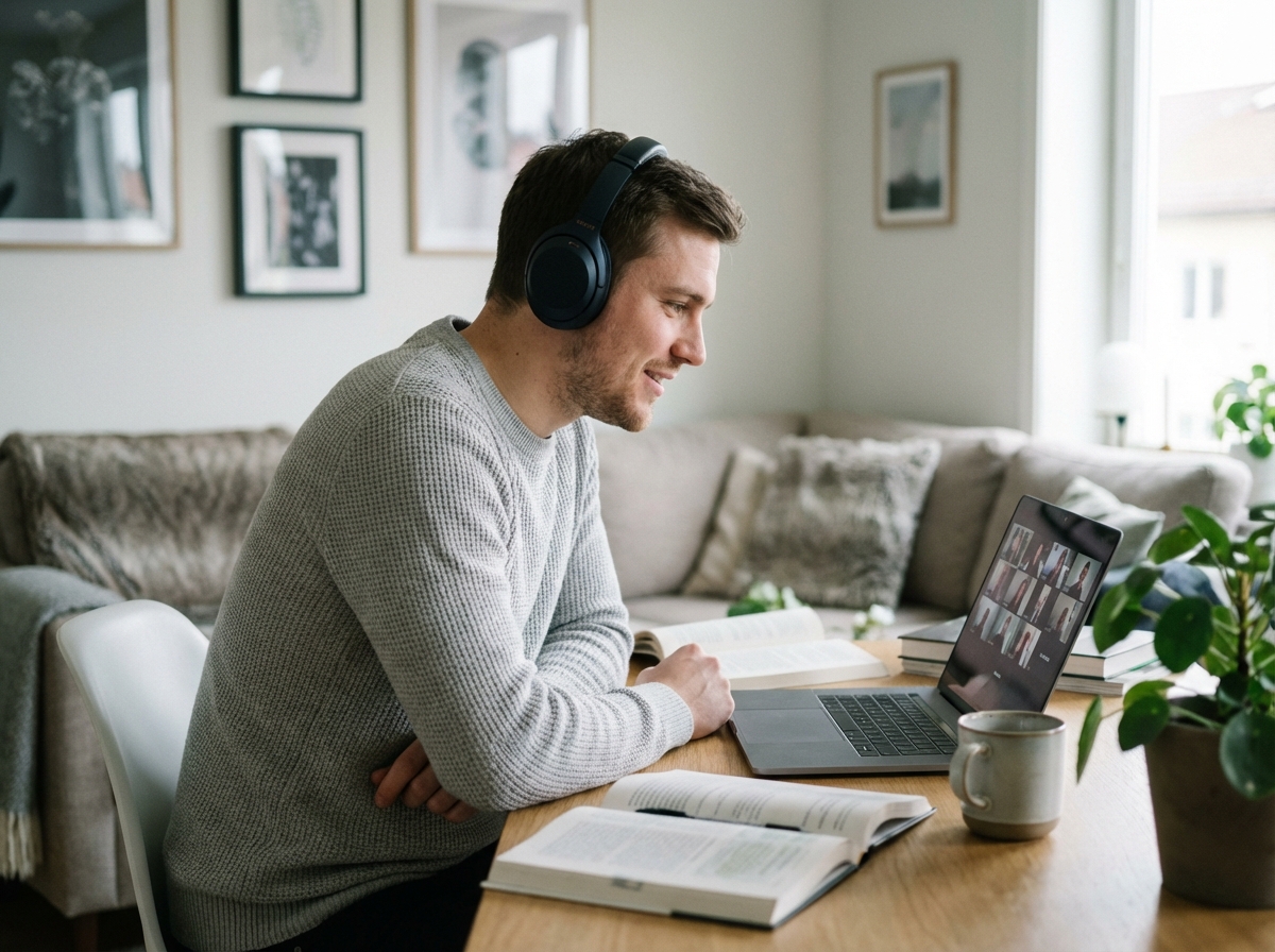 Jeune homme en visioconference à domicile avec casque