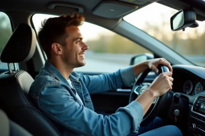 Jeune homme au volant d'une voiture moderne en conduite