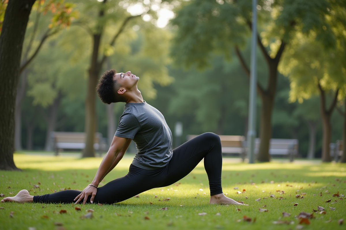 Jeune homme faisant un étirement de yoga dans un parc verdoyant