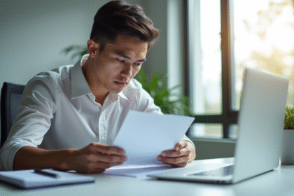 Jeune professionnel lisant un document dans un bureau lumineux