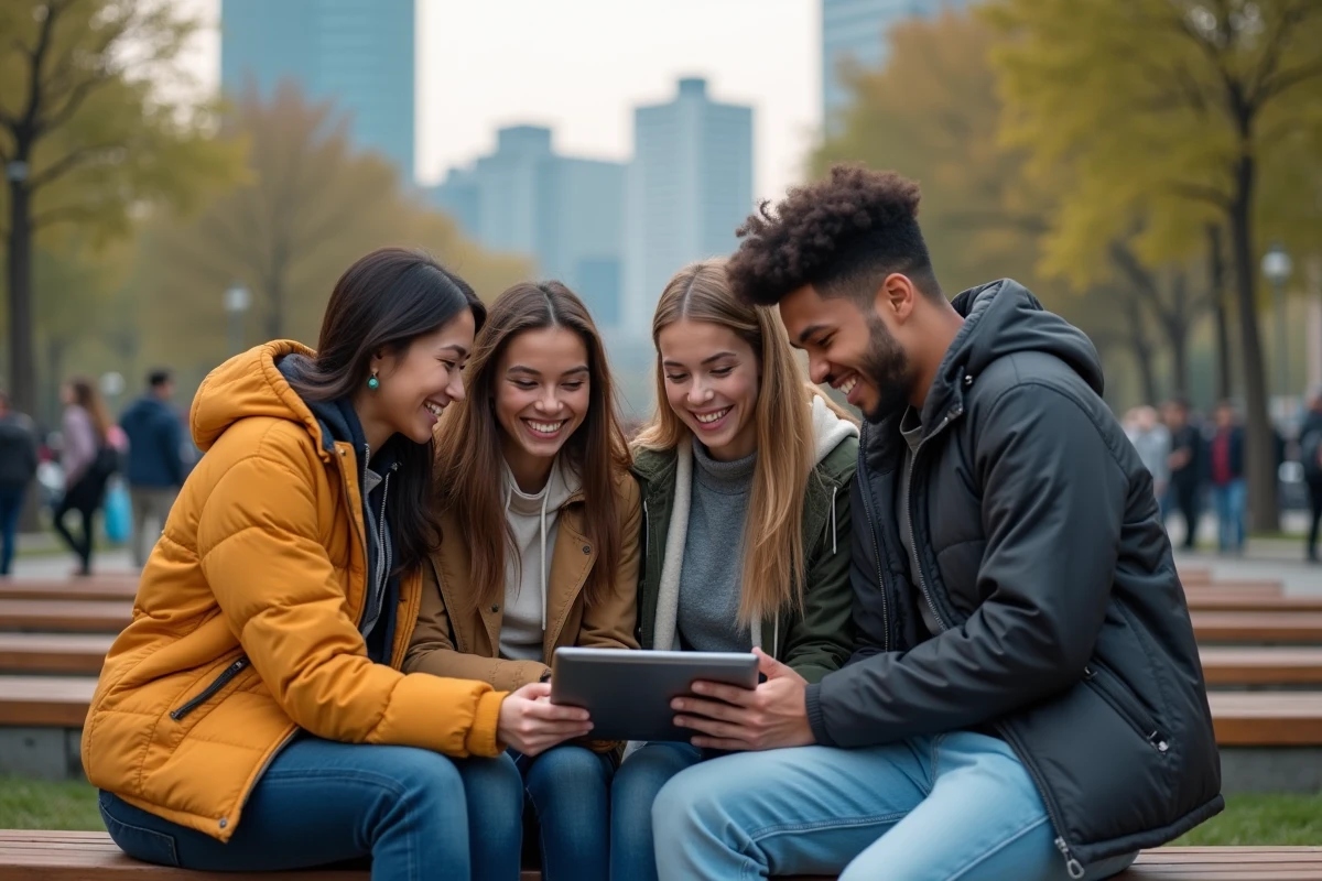 Groupe de jeunes discutant avec une tablette dans un parc urbain