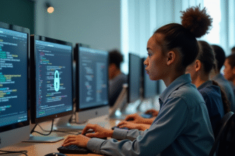 Groupe d'élèves au lycée étudiant la cybersécurité
