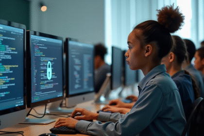 Groupe d'élèves au lycée étudiant la cybersécurité