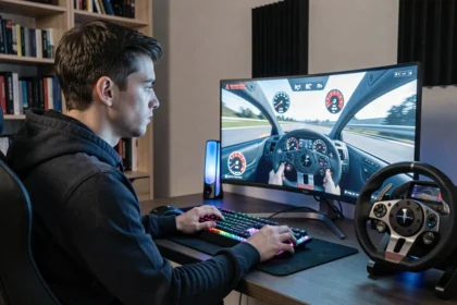 Joueur assis devant un écran de jeu de course affichant un compteur de vitesse en mph et km/h, avec un volant de simulation sur le bureau
