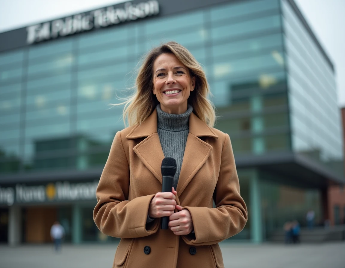 Journaliste présentatrice devant un bâtiment de télévision publique moderne, microphone en main, en extérieur urbain
