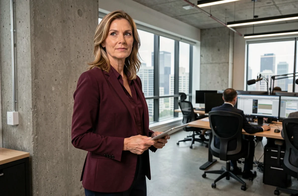 Journaliste femme dans une rédaction moderne avec stations de montage et vue urbaine en arrière-plan