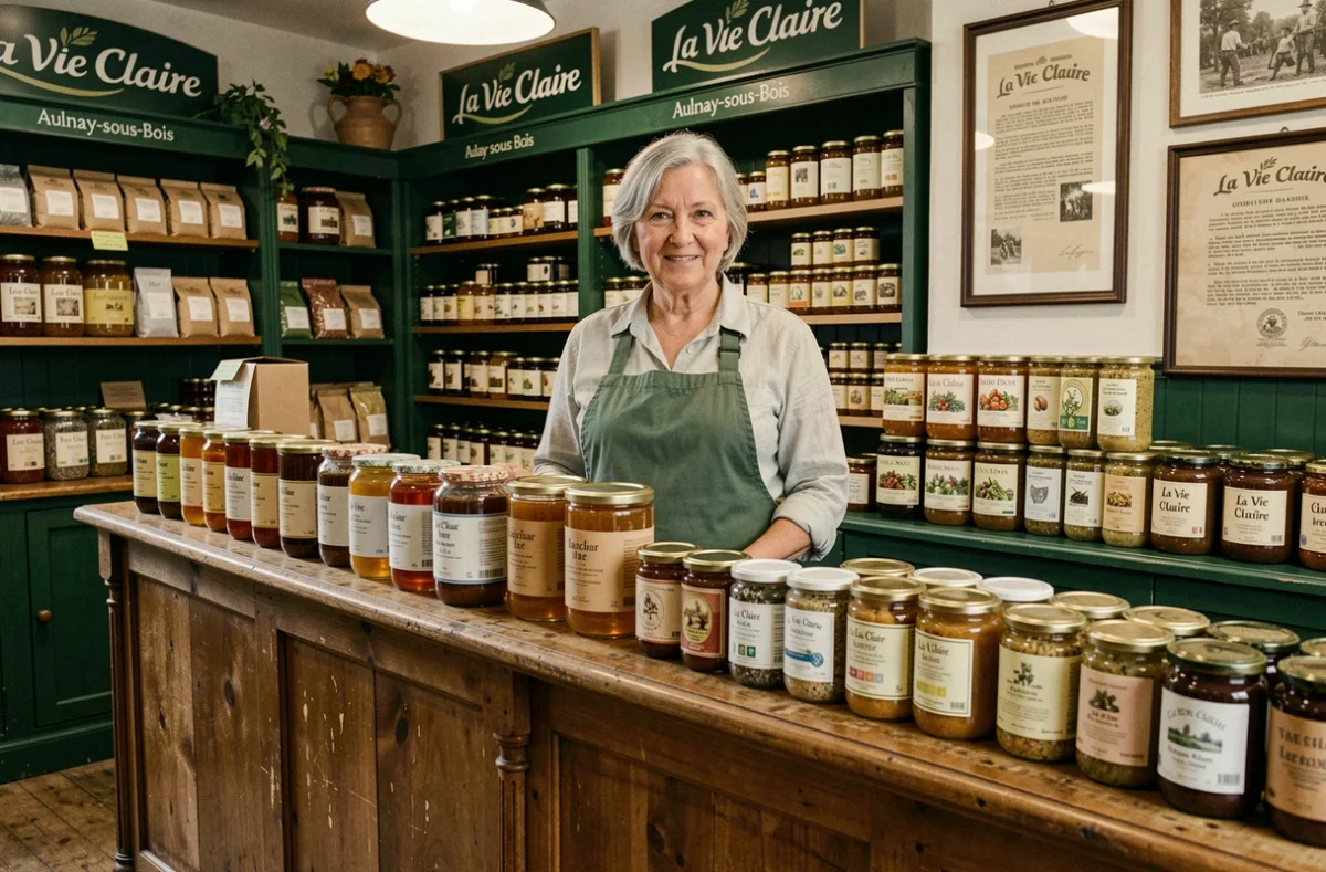 Vendeuse dans un magasin La Vie Claire à Aulnay-sous-Bois devant un comptoir de produits biologiques traditionnels