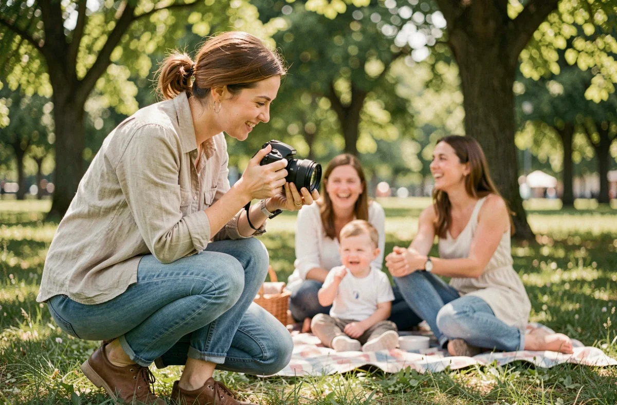 Laura Luccioni photographiant une séance portrait famille dans un parc verdoyant de Seine-et-Marne