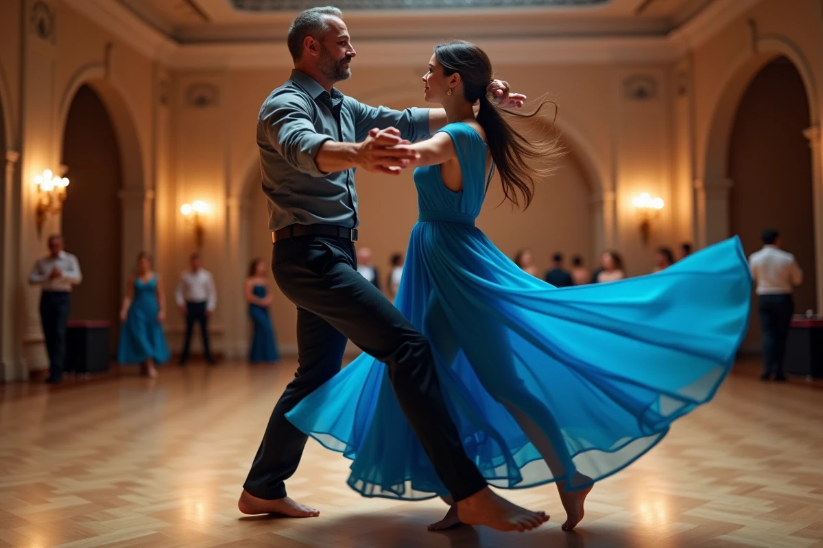 Danseur de zouk guidant sa partenaire dans un tour élégant, robe en mouvement sur la piste