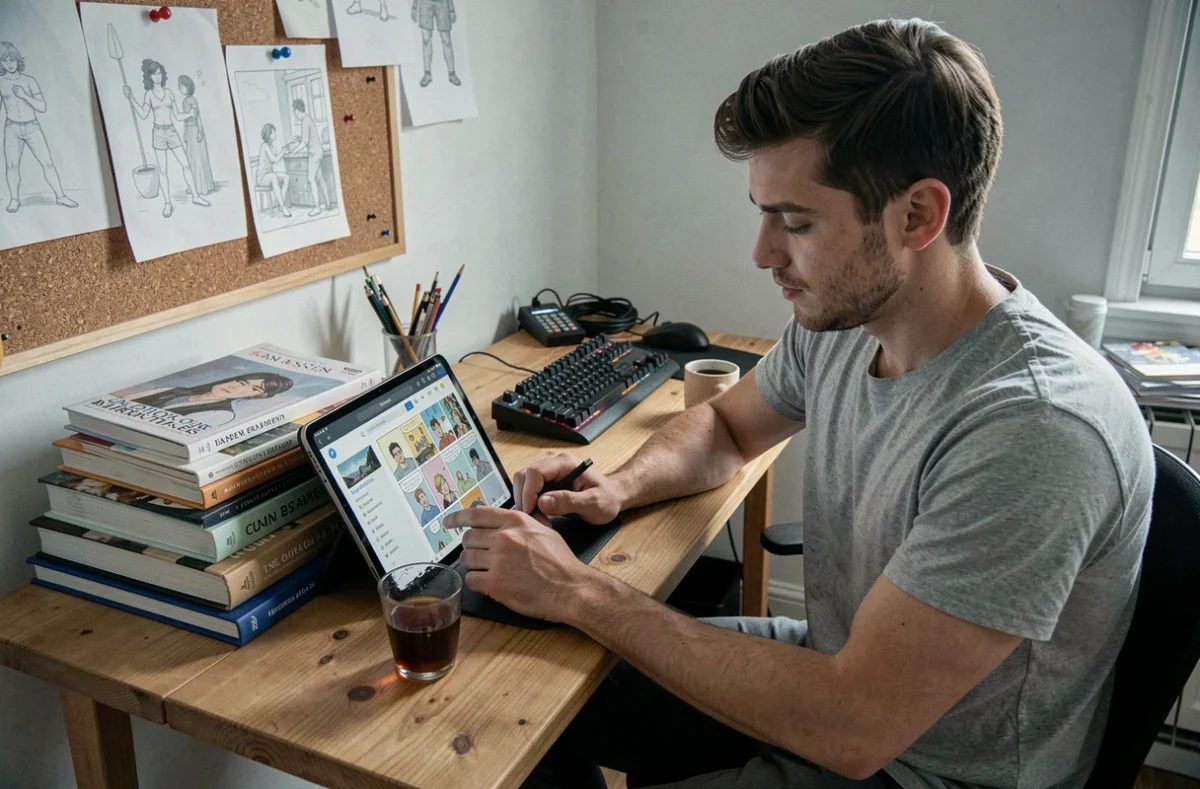 Homme consultant une plateforme de webtoon VF sur tablette dans un bureau créatif à domicile