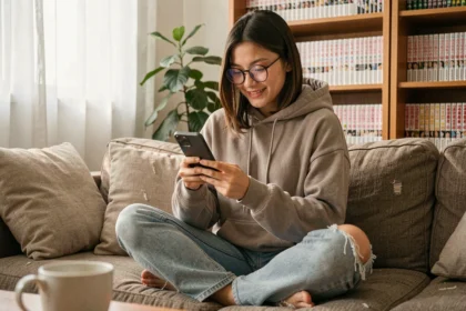 Jeune femme lisant un webtoon VF sur son smartphone dans un salon cosy entouré de mangas
