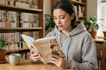 Jeune femme lisant un manga en français à son bureau entouré de livres et de collections de mangas