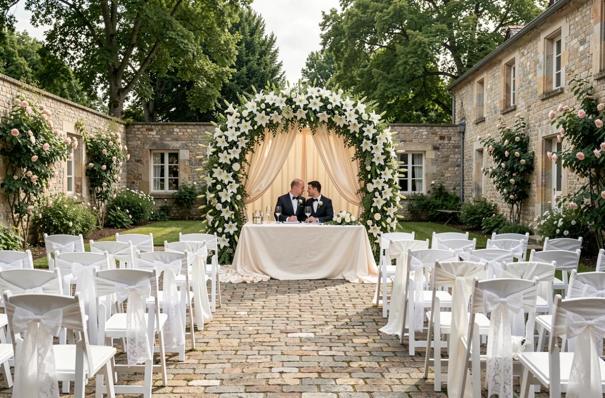 Cérémonie de mariage avec arche de lys blancs et allée décorée par Les Noces de Lys dans un domaine français