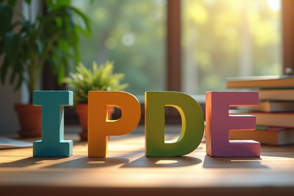 Lettres colorées I PDE sur une table en bois