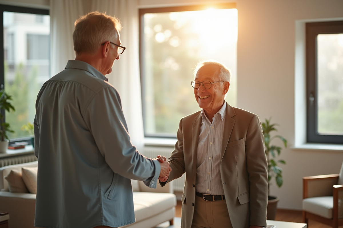 Jeune locataire et propriétaire se serrant la main dans un salon lumineux
