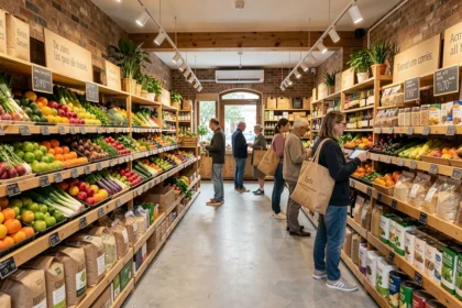 Intérieur d'un magasin bio en Seine-Saint-Denis avec des rayons bien garnis de produits biologiques et des clients qui font leurs courses