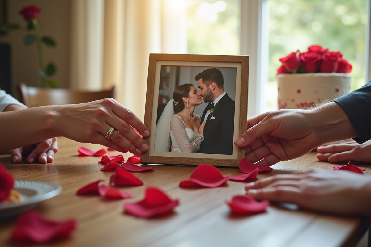 Mains avec alliance tenant une photo de mariage sur table décorée