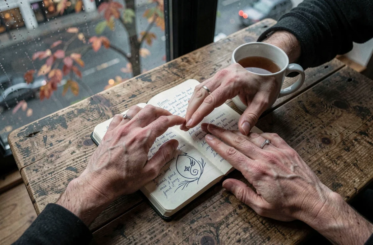 Deux mains qui se rejoignent presque au-dessus d'un journal avec symbole de flamme jumelle, évoquant la connexion spirituelle et l'heure 22h55