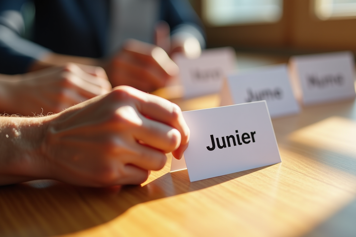 Mains tenant des cartes avec noms J sur une table en bois