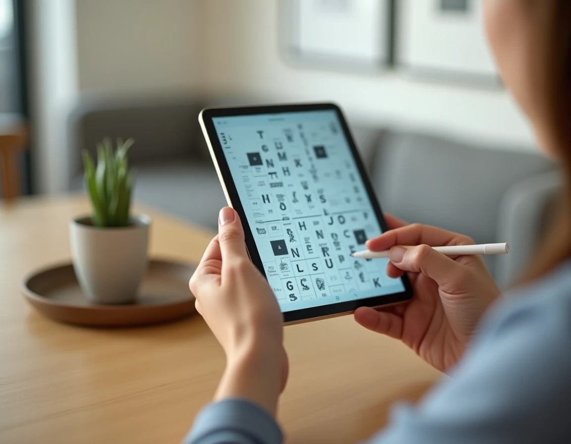 Mains utilisant une tablette pour résoudre un mot de 9 lettres dans une grille de mots croisés numérique