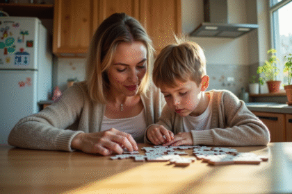 Maman et son enfant jouent au puzzle dans la cuisine chaleureuse