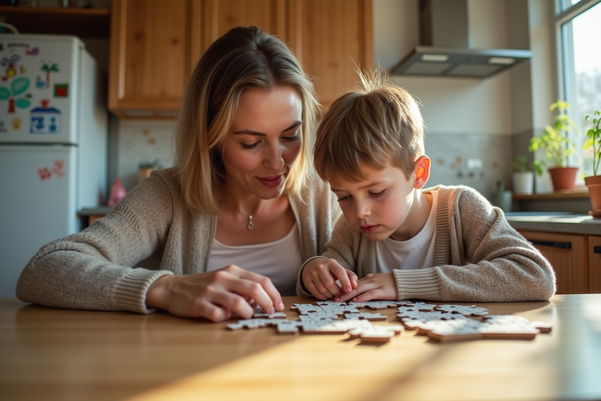 Maman et son enfant jouent au puzzle dans la cuisine chaleureuse