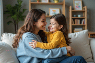 Mère et fille souriantes dans un salon chaleureux
