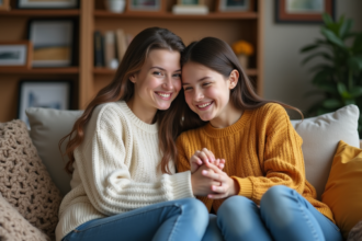 Femme et fille souriantes en câlins dans un salon chaleureux