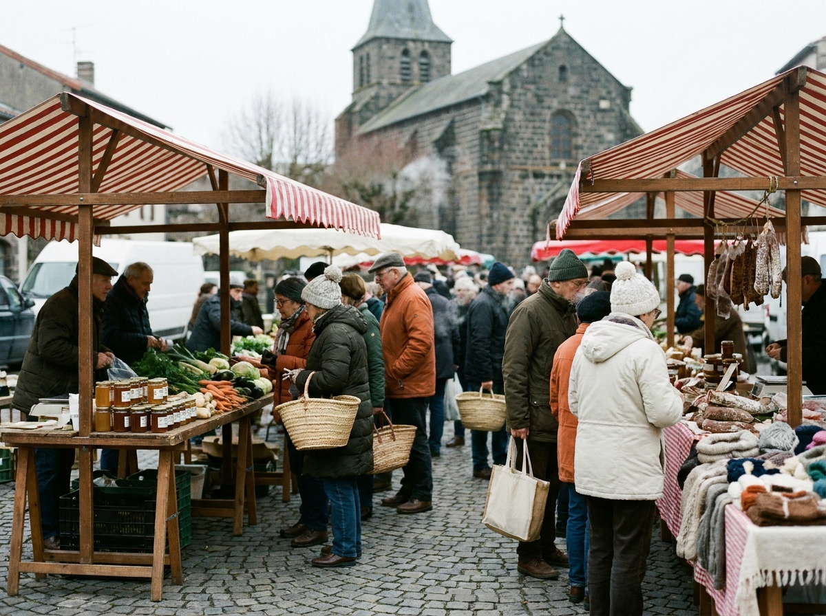 Marché de Noël en plein air dans un village d'Auvergne avec des étals de produits locaux et des habitants faisant leurs courses de fêtes