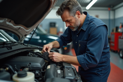 Mécanicien inspectant une courroie de distribution dans un atelier