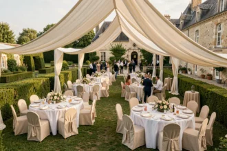 Vue panoramique d'un lieu de réception en plein air dans les Yvelines, avec tables décorées et invités en arrière-plan