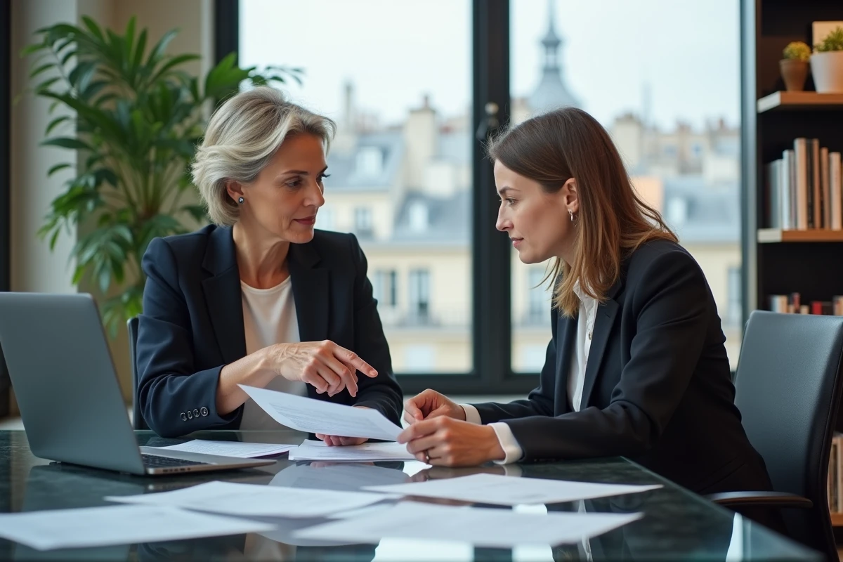 Présentatrice TV chevronnée transmettant son expérience à une jeune collègue dans un bureau éditorial parisien