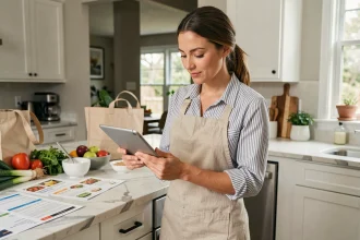 Femme planifiant son menu de la semaine sur une tablette dans une cuisine moderne avec des légumes frais et un sac de courses réutilisable