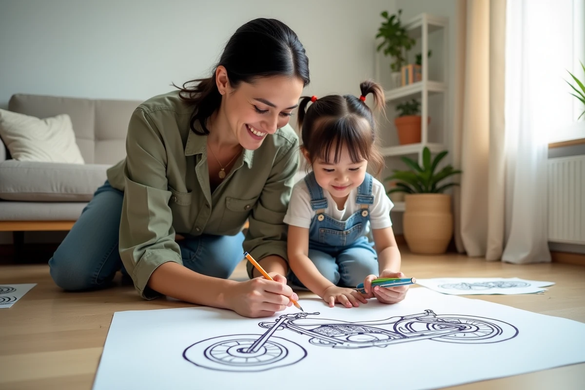 Mère et jeune fille coloriant ensemble des dessins de moto imprimés en PDF sur le sol du salon