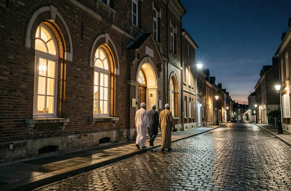 Mosquée de quartier à Roubaix après la prière d'isha en été, fidèles rentrant sous un ciel nocturne de nuit d'été dans le nord de la France