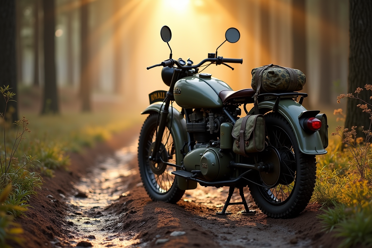 Moto militaire de la Seconde Guerre mondiale dans la forêt à l'aube